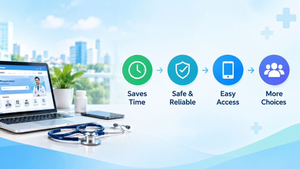 Benefits of online healthcare services including time savings, easy access, reliability, and more choices.